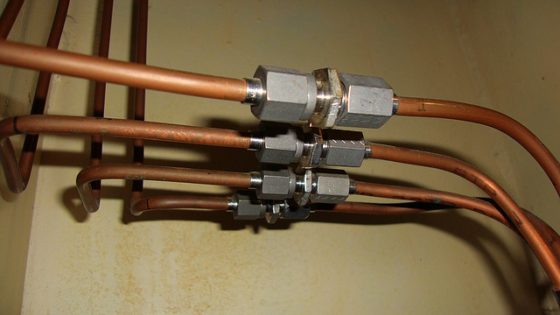 Array of copper tubes in industrial plant