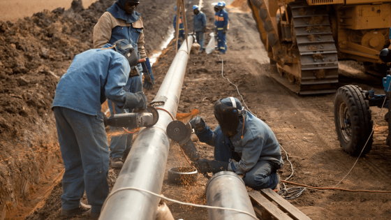 Men cutting metal pipe in mining area